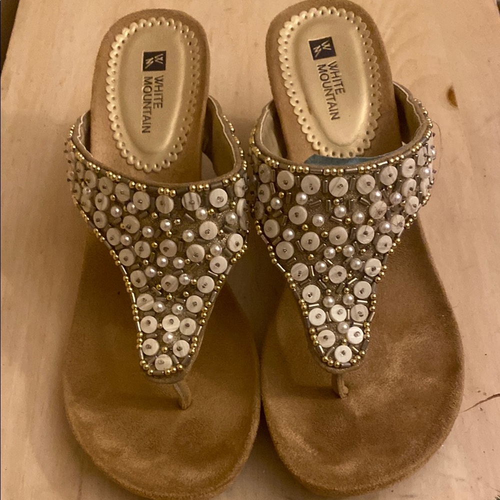 White Mountain Tan and White Embellished Sandals